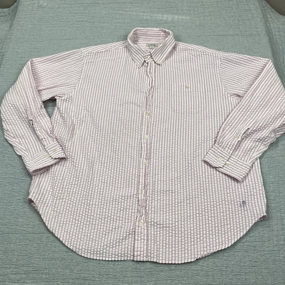 J. Peterman Let It Breathe Seersucker Shirt‎ 100% Cotton Pink Striped Size XL